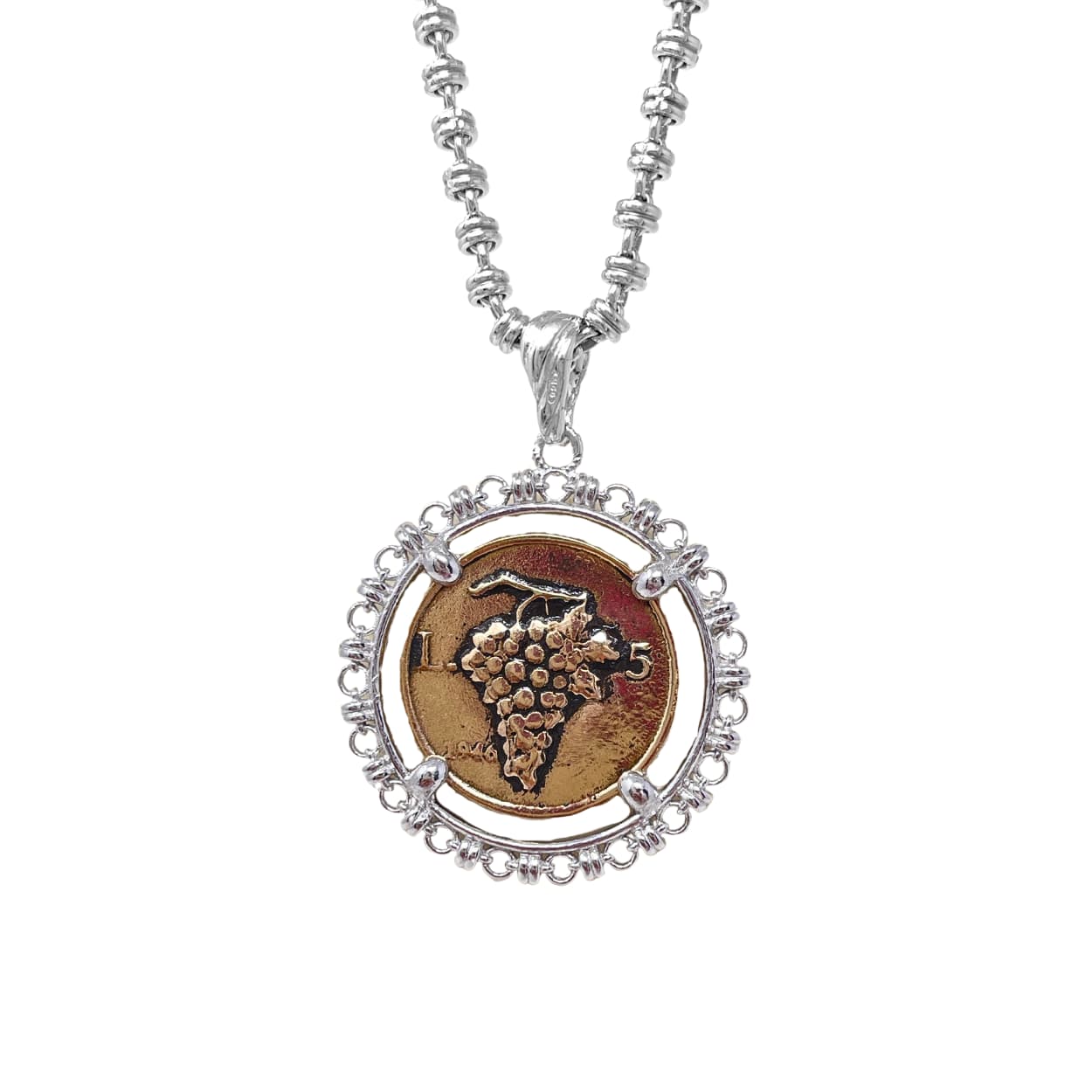 Filary Pendant In Silver With Grapes Coin In Antique Bronze DelBrenna Filary Pendant In Silver With Grapes Coin In Antique Bronze DelBrenna