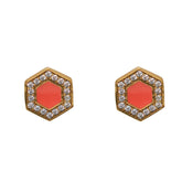 Deco Stud Earrings in Gold With Coral & Pavé