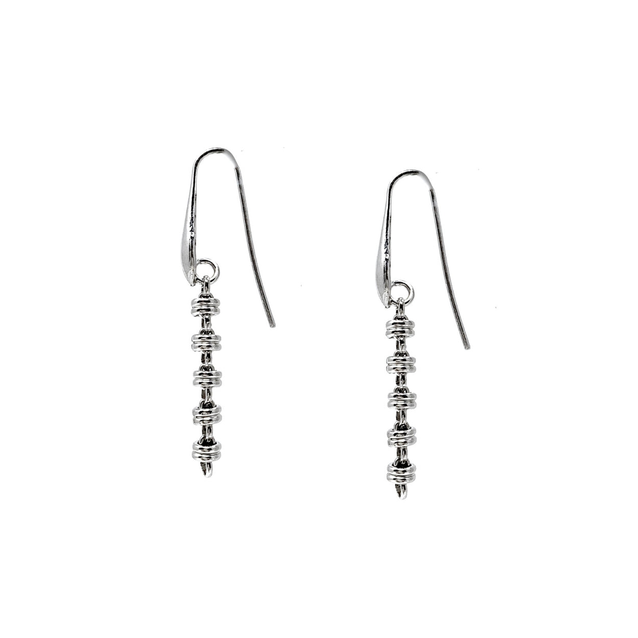 A side view of long silver chain earrings designed and hand-crafted by DelBrenna Italian Jewelers in Tuscany. The earrings are designed based on the iconic Links collection of DelBrenna silver chains, necklaces, rings, and bracelets.