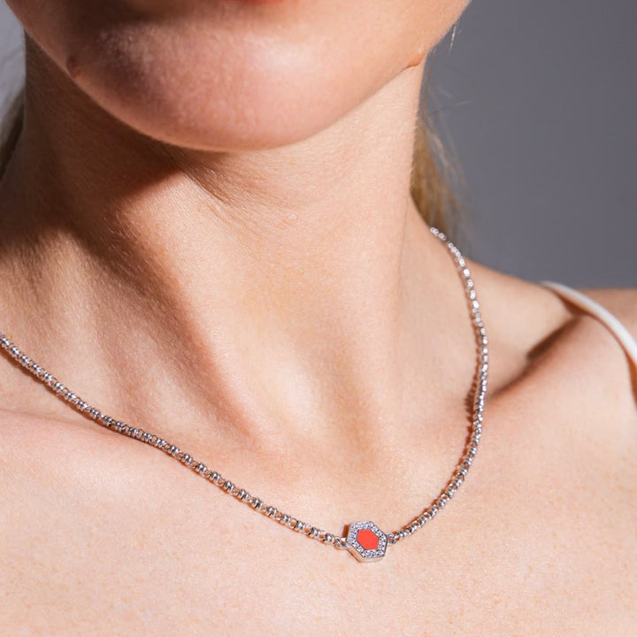 Deco Necklace in Silver With Red, Coral & Pavé