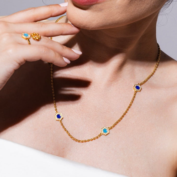 Deco Statement Necklace in Gold With Blue, Turquoise & Pavé