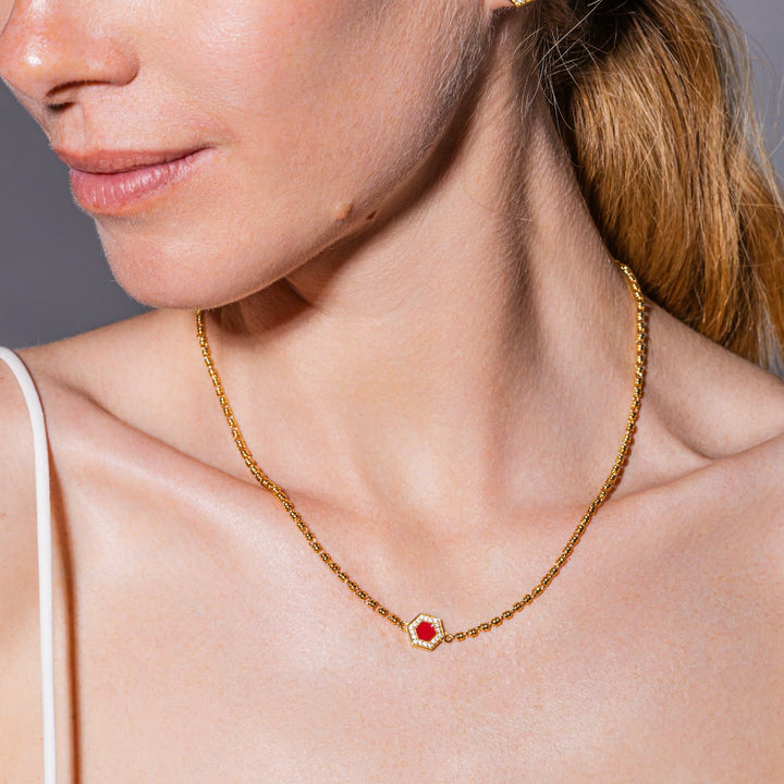 Deco Necklace in Gold With Red, Coral & Pavé