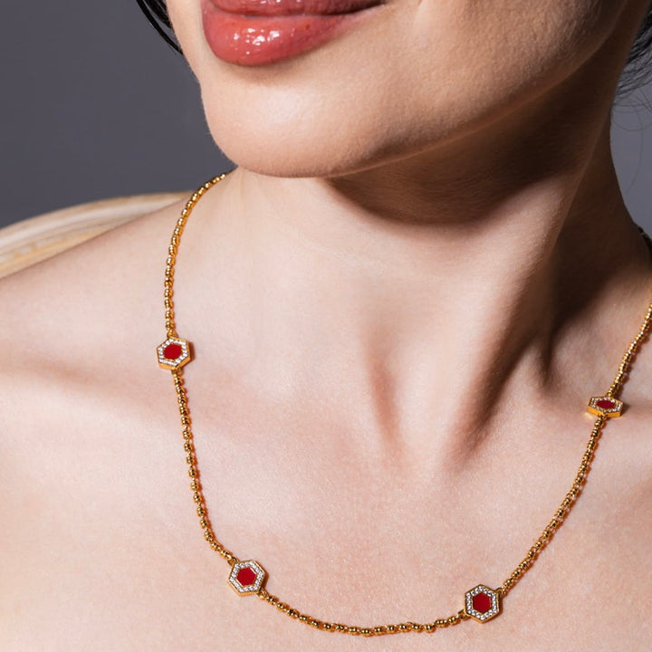 Deco Statement Necklace in Gold With Red, Coral & Pavé