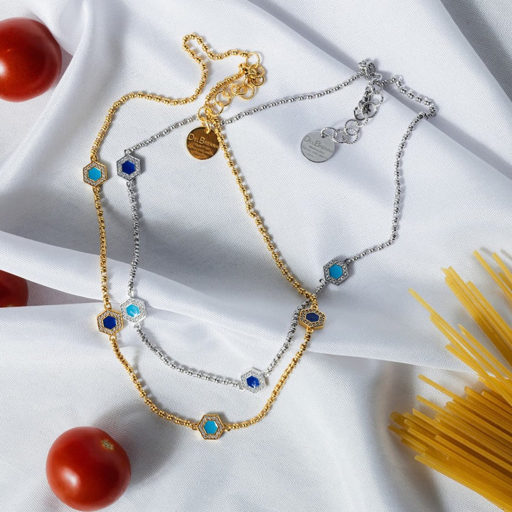 Deco Statement Necklace in Silver With Blue, Turquoise & Pavé