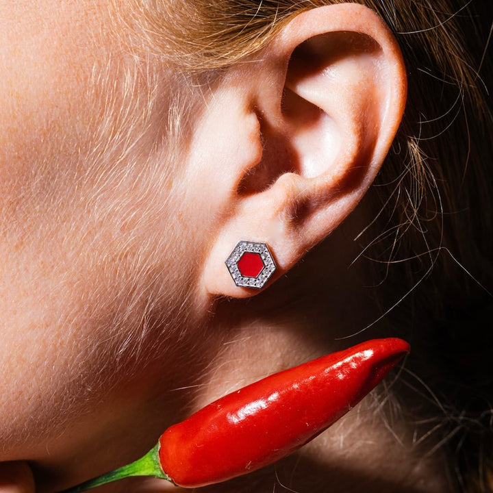 Deco Stud Earrings in Silver With Red & Pavé
