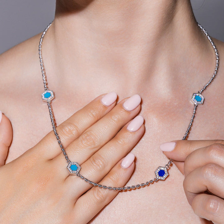 Deco Statement Necklace in Silver With Blue, Turquoise & Pavé