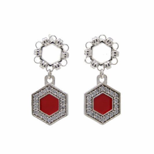 Deco Statement Earrings in Silver With Red & Pavé