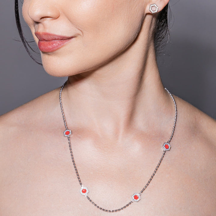 Deco Statement Necklace in Silver With Red, Coral & Pavé