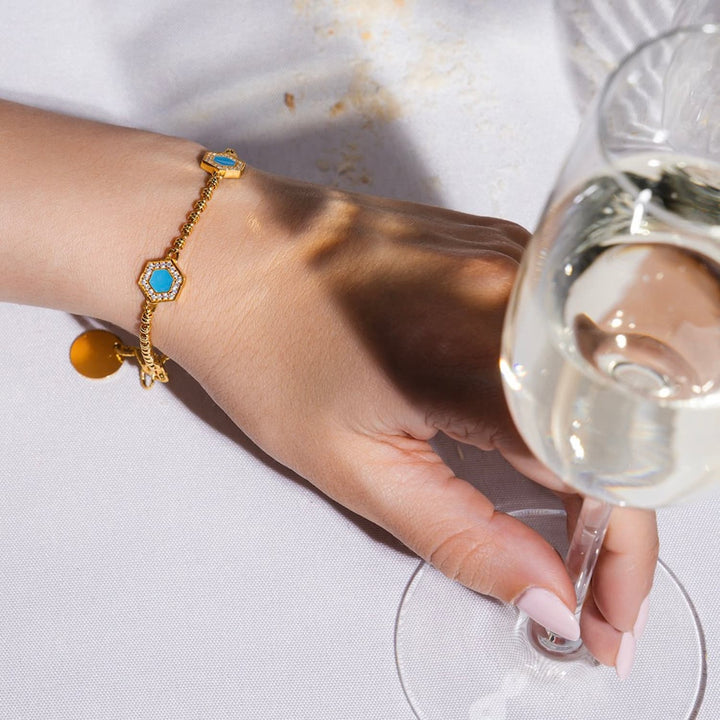 Deco Statement Bracelet in Gold With Blue, Turquoise & Pavé