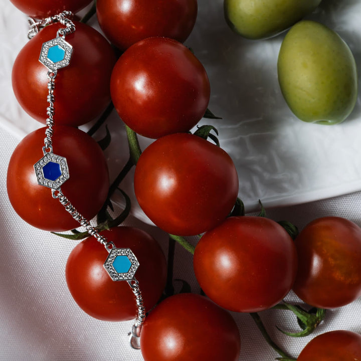 Deco Statement Bracelet in Silver with Blue, Turquoise & Pavé