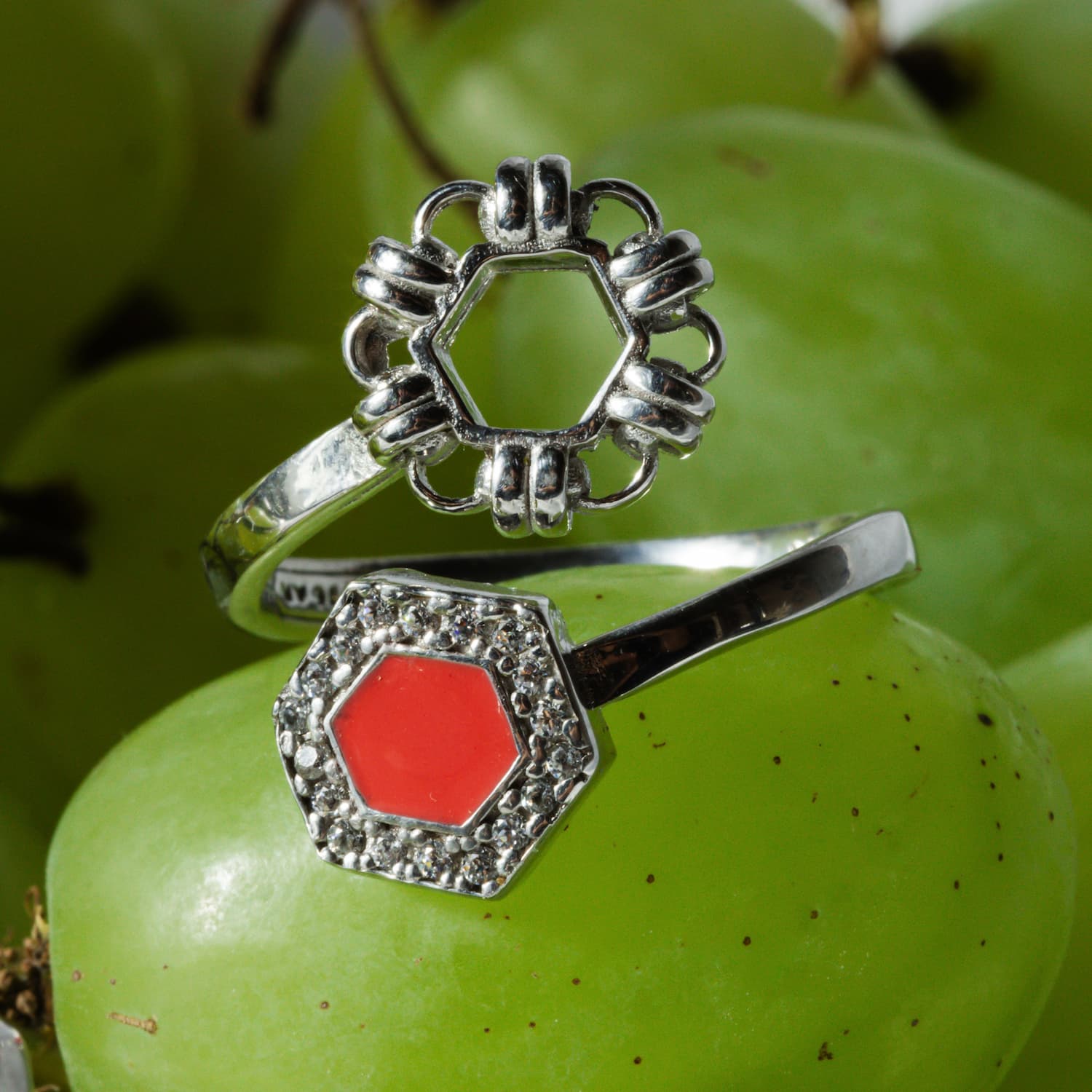 Deco Statement Ring in Silver With Coral & Pavé