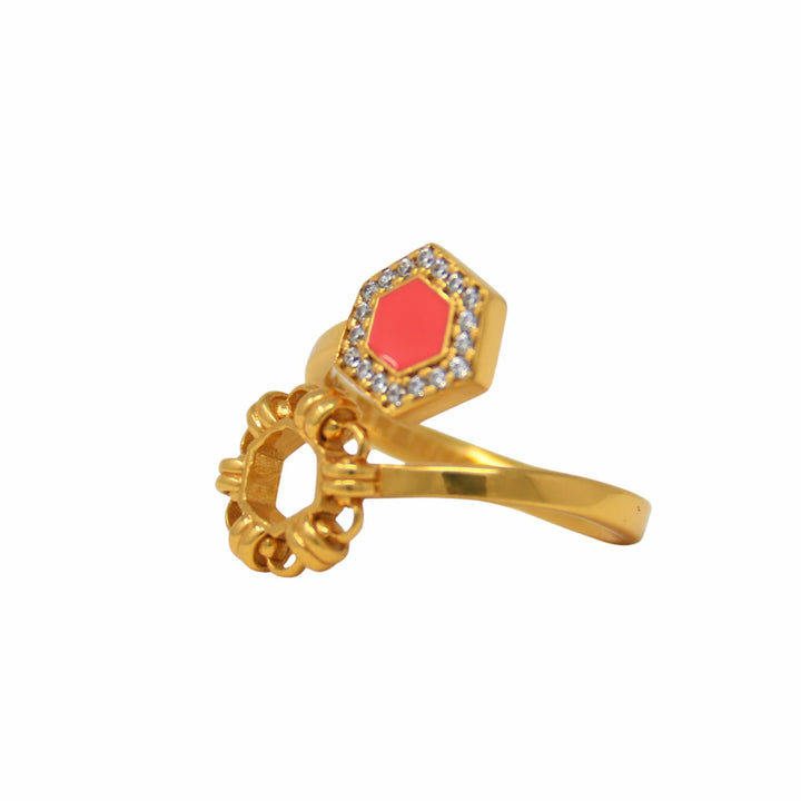 Deco Statement Ring in Gold With Coral & Pavé