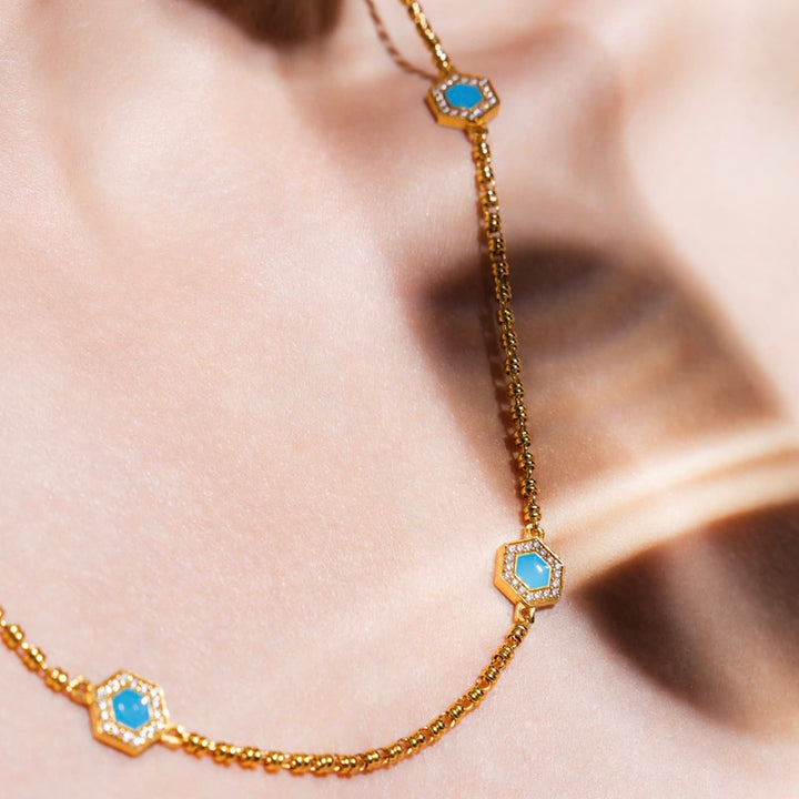 Deco Statement Necklace in Gold With Blue, Turquoise & Pavé