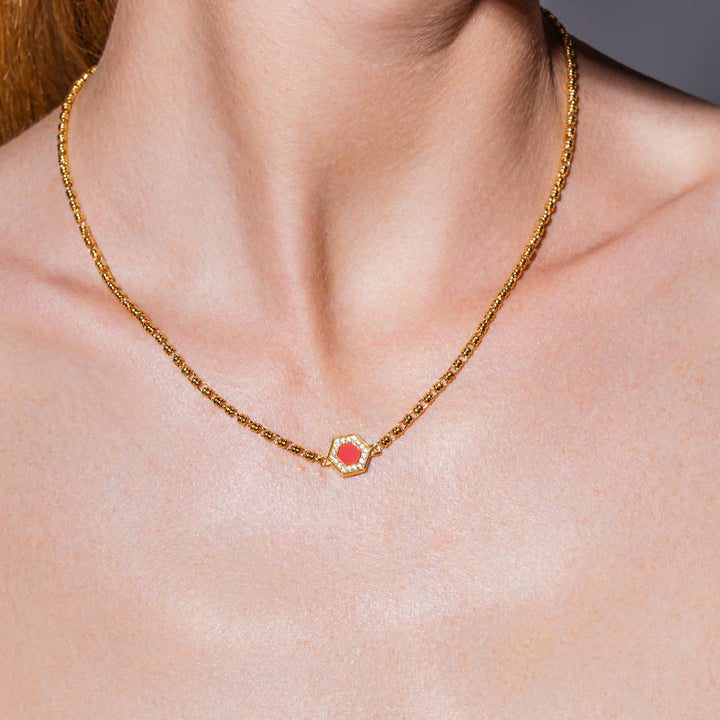 Deco Necklace in Gold With Red, Coral & Pavé