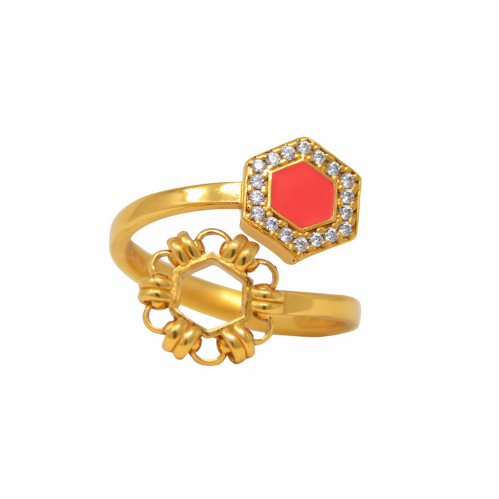 Deco Statement Ring in Gold With Coral & Pavé