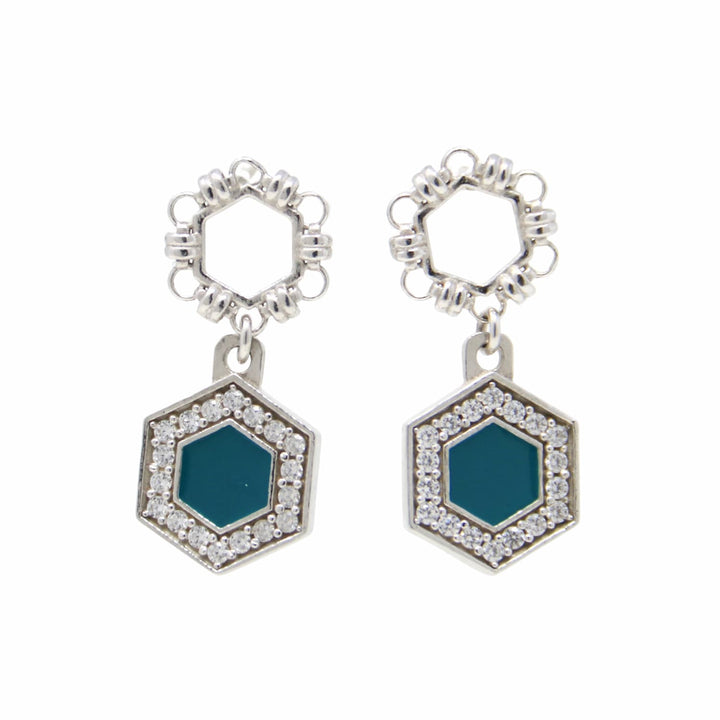 Deco Statement Earrings in Silver With Green & Pavé
