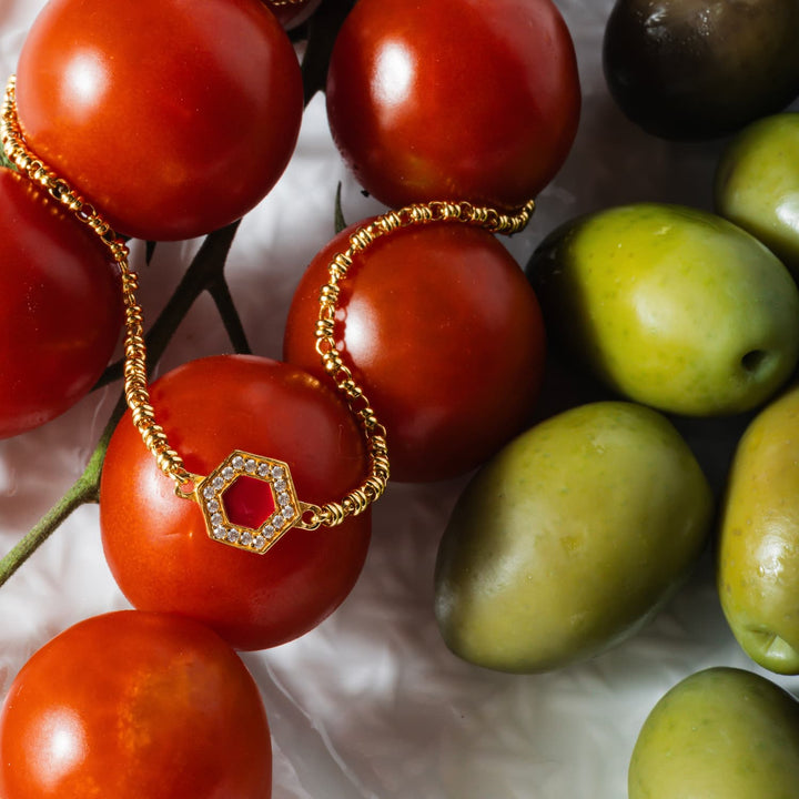 Deco Necklace in Gold With Red, Coral & Pavé