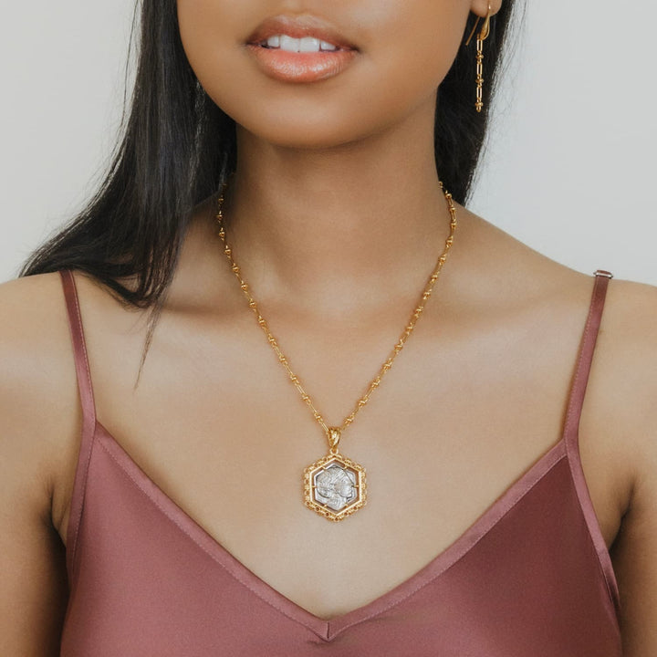 Hexagon Filary Pendant in Gold with Antique Silver Owl Tile