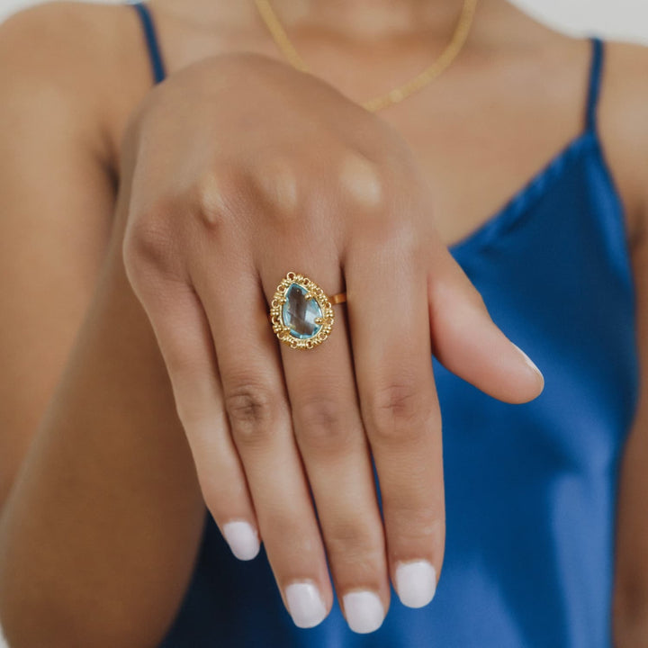 Drop Ring in Gold with Blue Topaz, Small