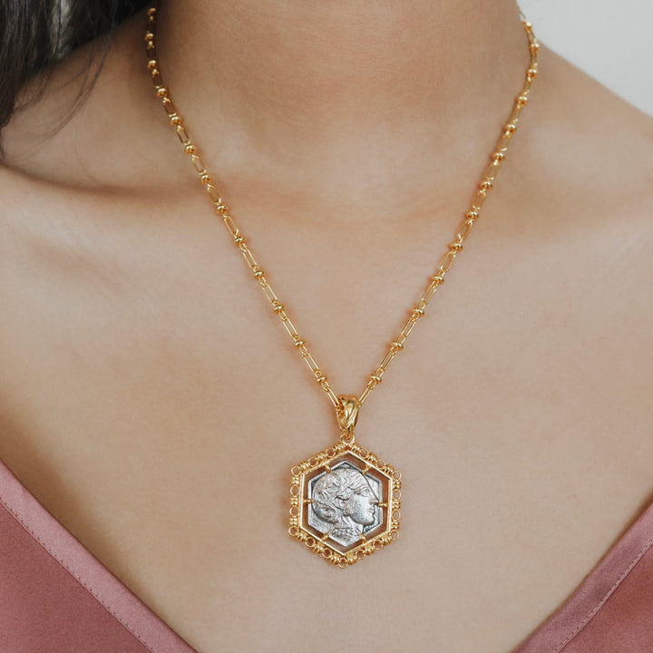 Hexagon Filary Pendant in Gold with Antique Silver Owl Tile