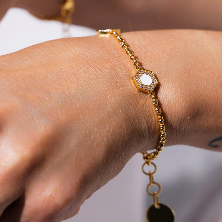 Deco Statement Bracelet in Gold With Green, White & Pavé