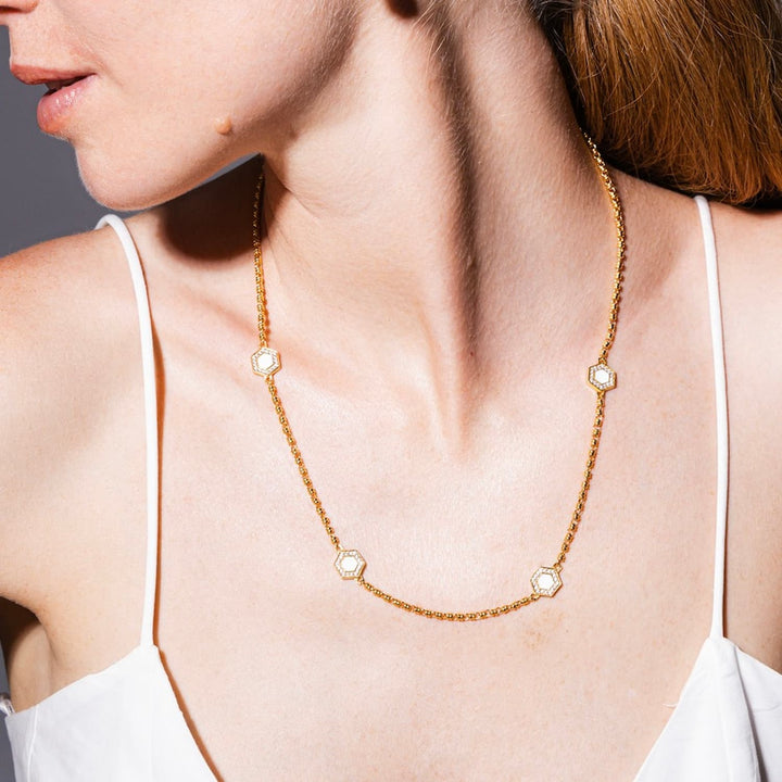 Deco Statement Necklace in Gold With Green, White & Pavé