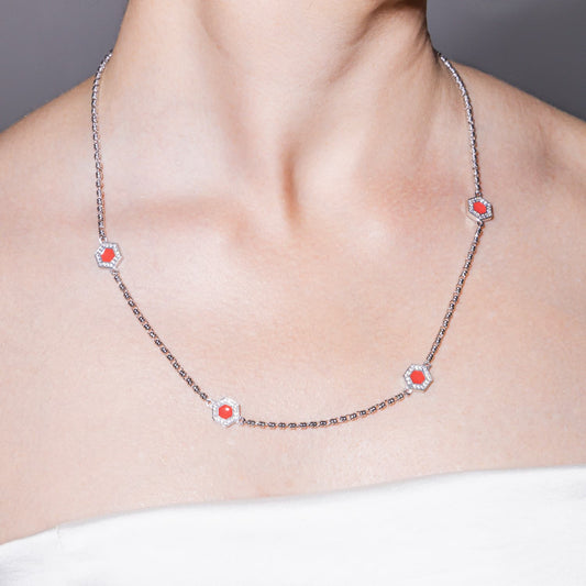 Deco Statement Necklace in Silver With Red, Coral & Pavé