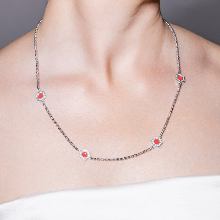 Deco Statement Necklace in Silver With Red, Coral & Pavé