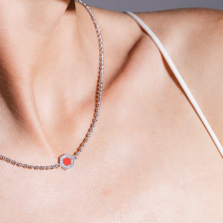 Deco Necklace in Silver With Red, Coral & Pavé