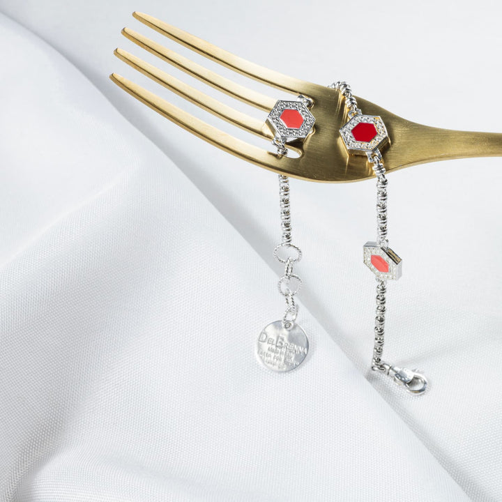 Deco Statement Bracelet in Silver With Red, Coral & Pavé