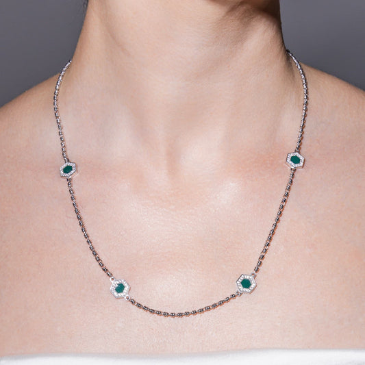 Deco Statement Necklace in Silver With Green, White & Pavé