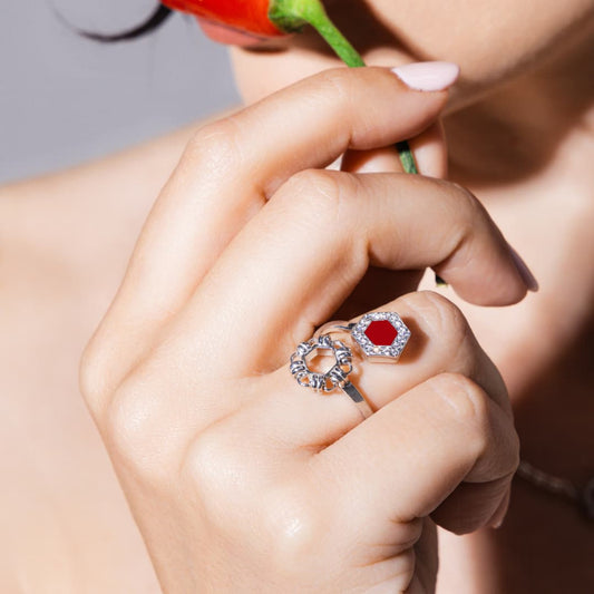 Deco Statement Ring in Silver With Red & Pavé