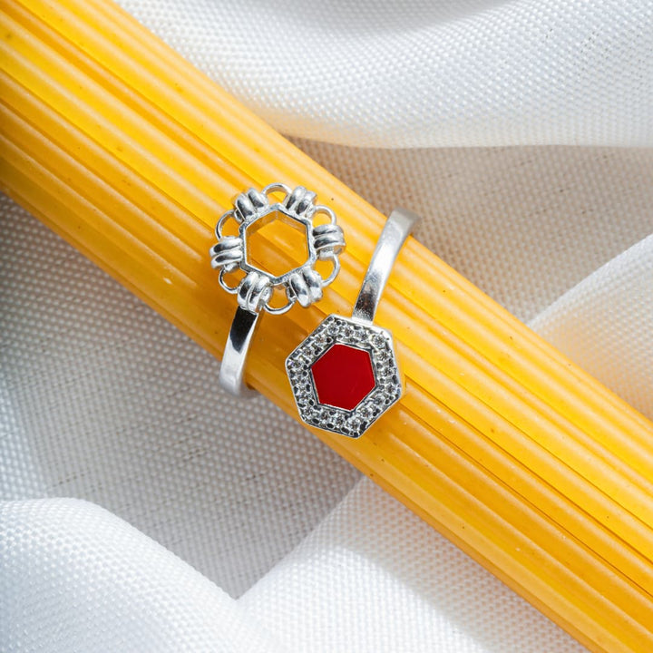 Deco Statement Ring in Silver With Red & Pavé
