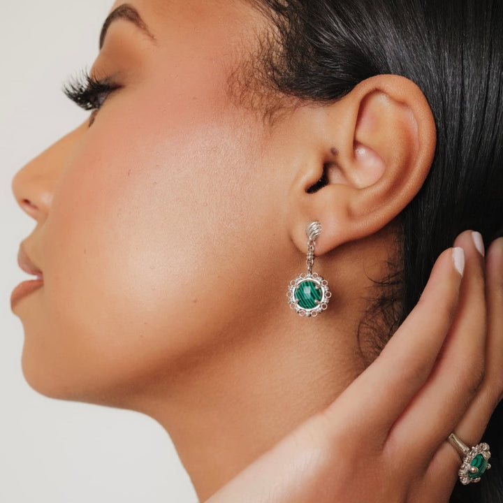 Gemma Earrings in Silver with Malachite