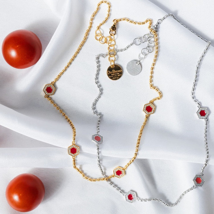 Deco Statement Necklace in Gold With Red, Coral & Pavé