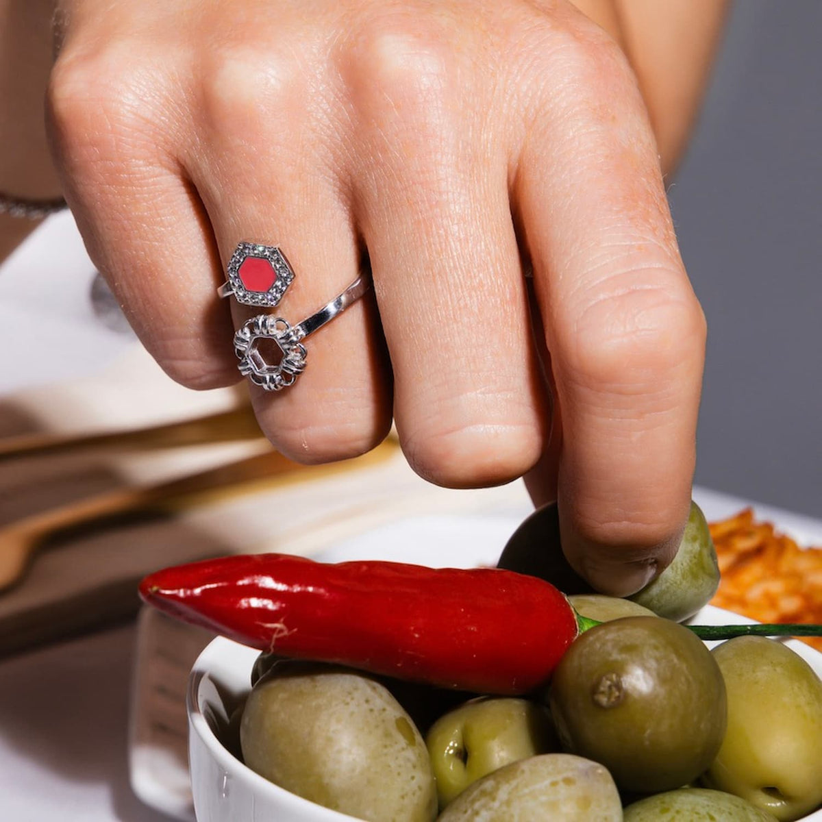 Deco Statement Ring in Silver With Coral & Pavé