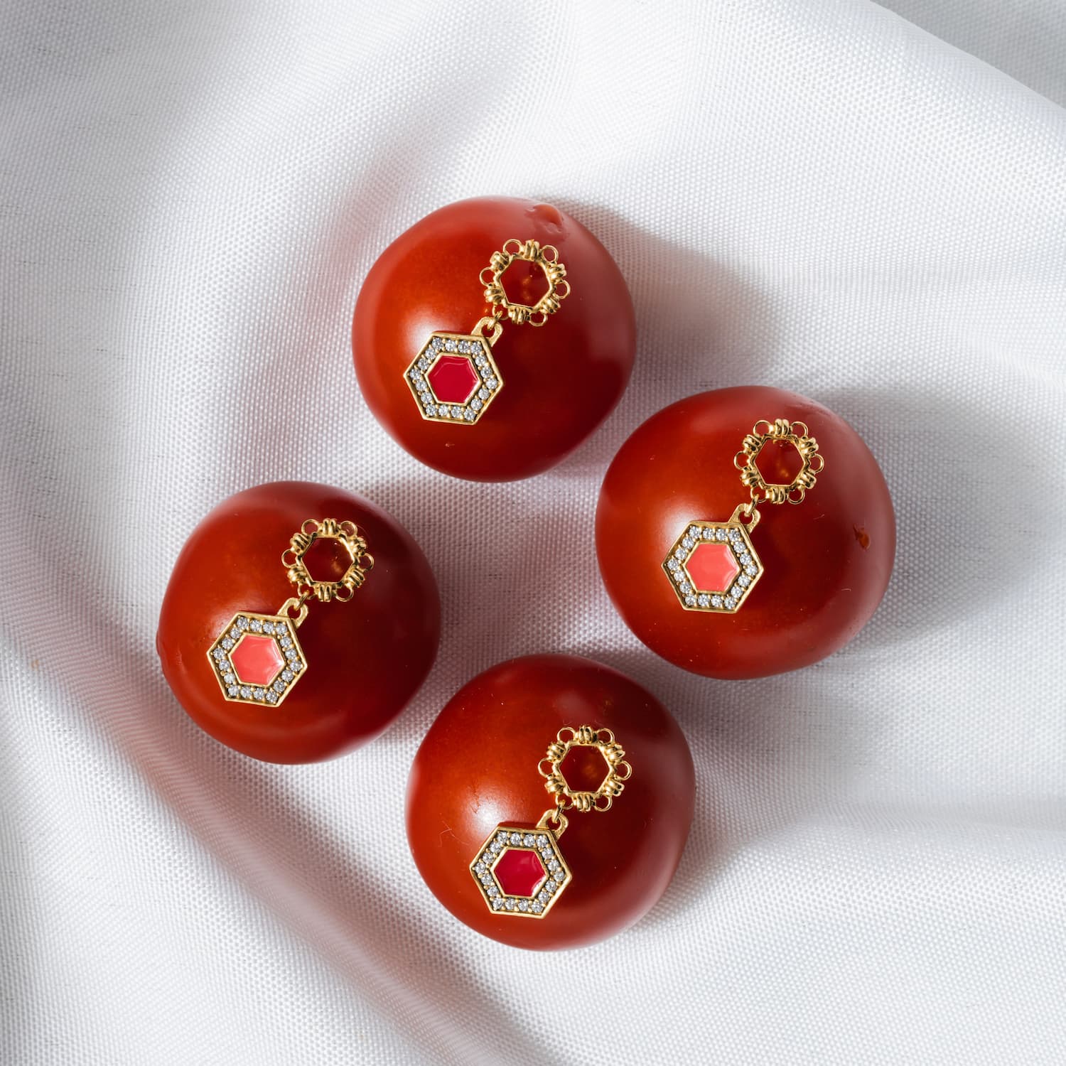 Deco Statement Earrings in Gold With Red & Pavé