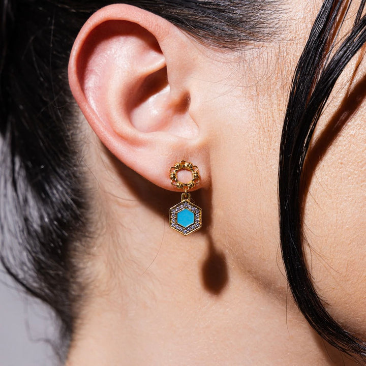 Deco Statement Earrings in Gold With Turquoise & Pavé