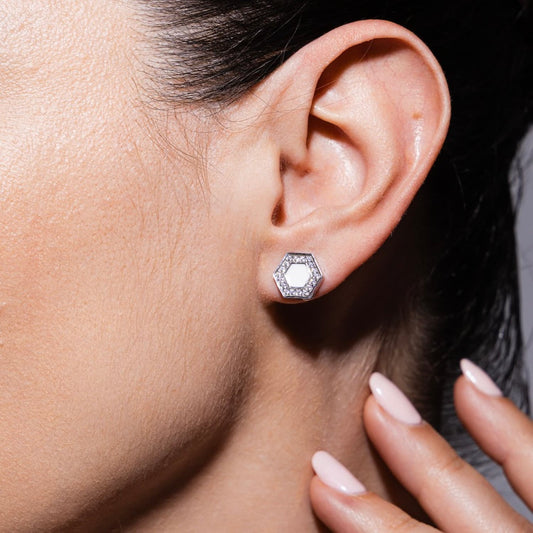Deco Stud Earrings in Silver With White & Pavé