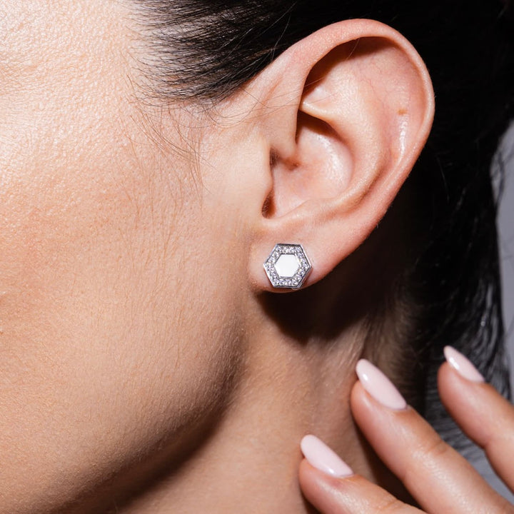 Deco Stud Earrings in Silver With White & Pavé