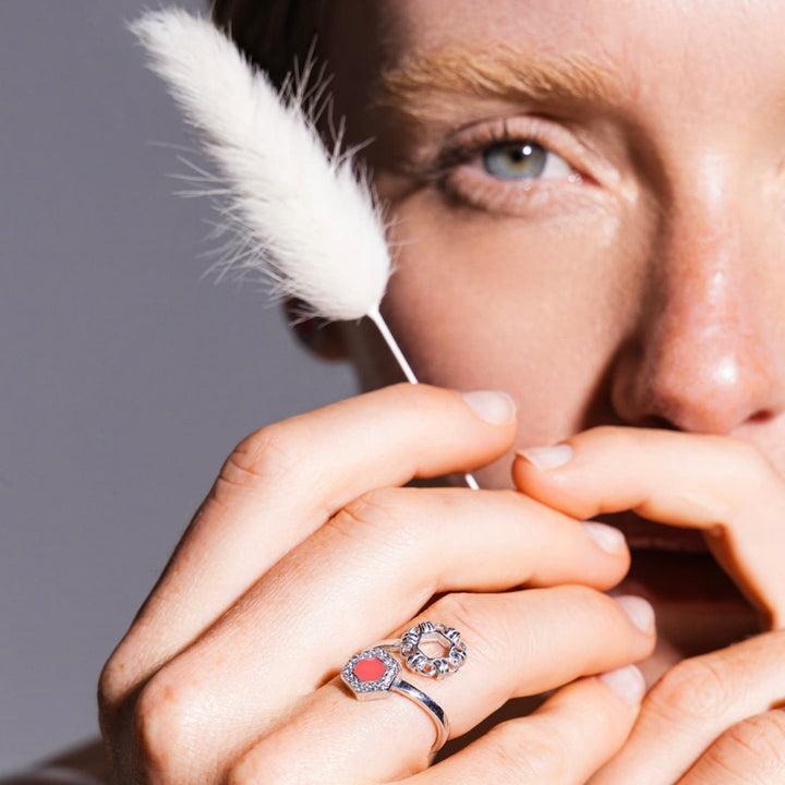 Deco Statement Ring in Silver With Coral & Pavé