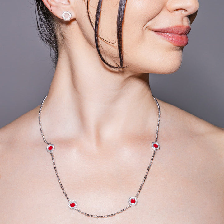 Deco Statement Necklace in Silver With Red, Coral & Pavé