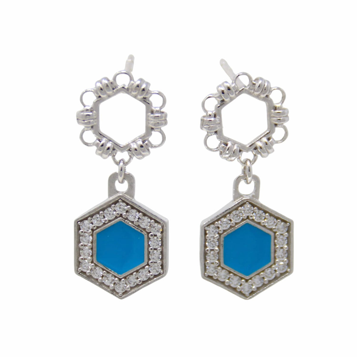 Deco Statement Earrings in Silver With Turquoise & Pavé