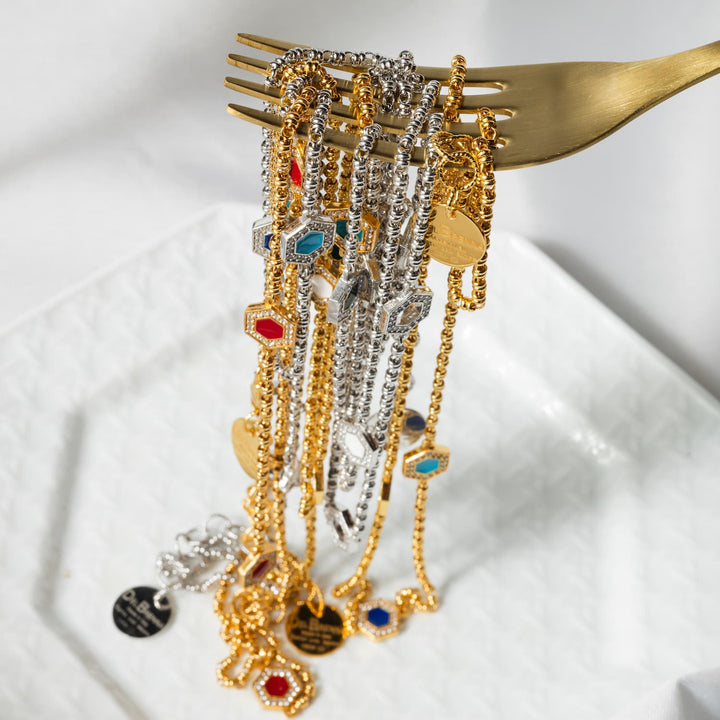 Deco Statement Necklace in Silver With Red, Coral & Pavé