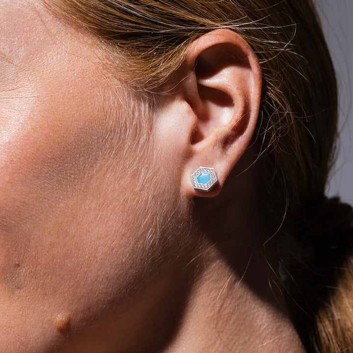 Deco Stud Earrings in Silver With Turquoise & Pavé