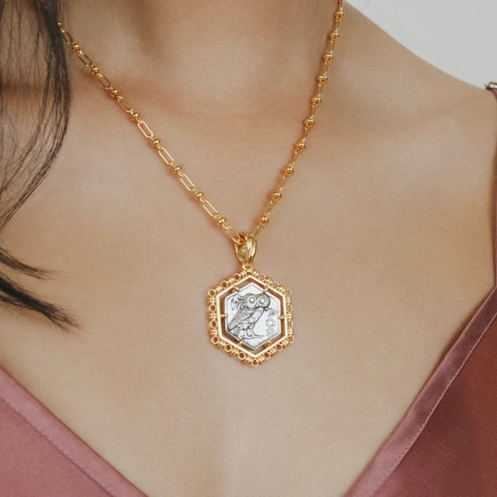 Hexagon Filary Pendant in Gold with Antique Silver Owl Tile