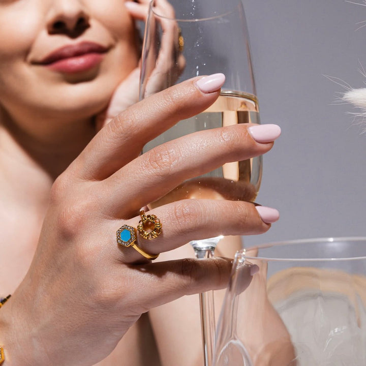 Deco Statement Ring in Gold With Turquoise & Pavé