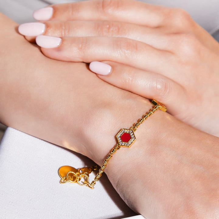 Deco Statement Bracelet in Gold With Red, Coral & Pavé