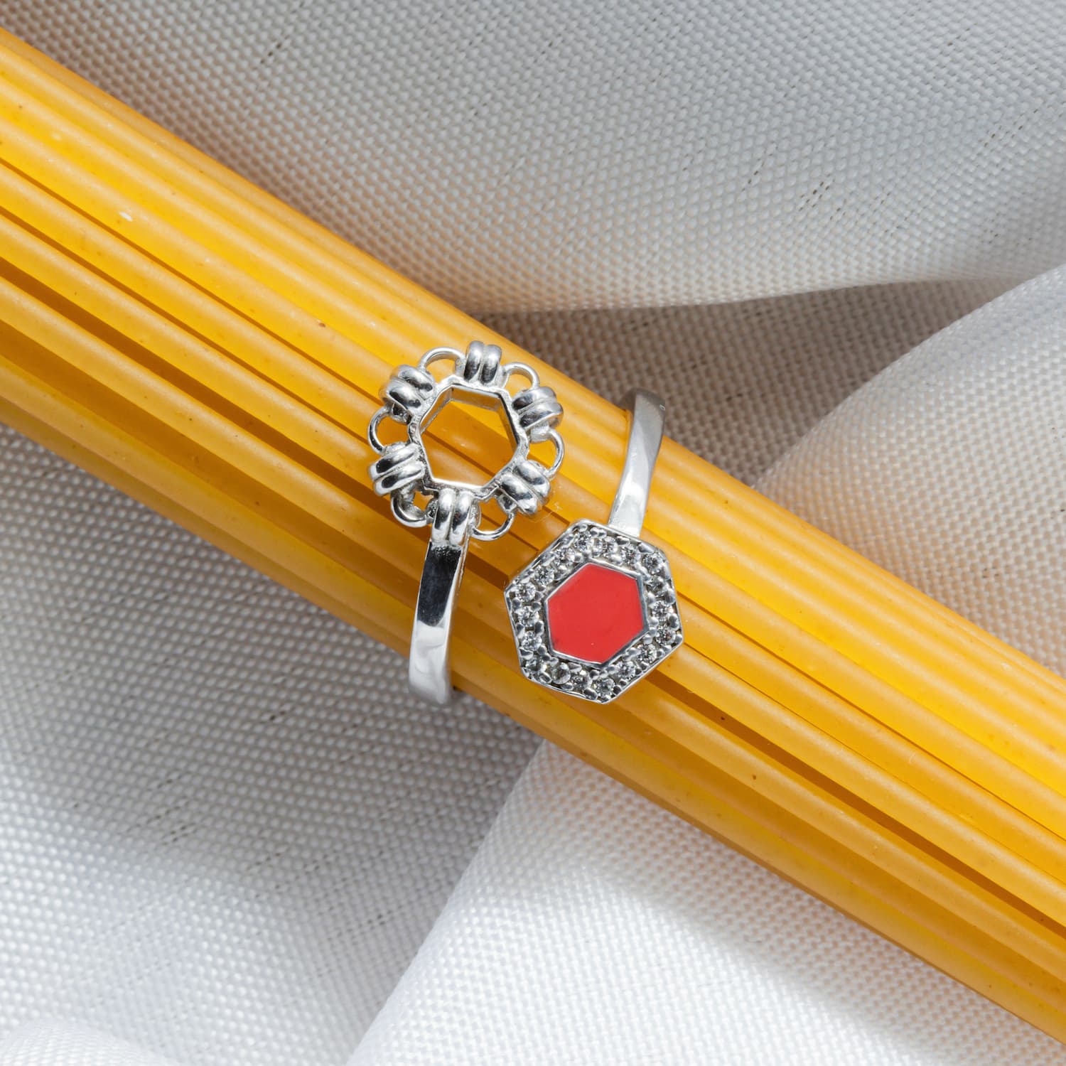 Deco Statement Ring in Silver With Coral & Pavé