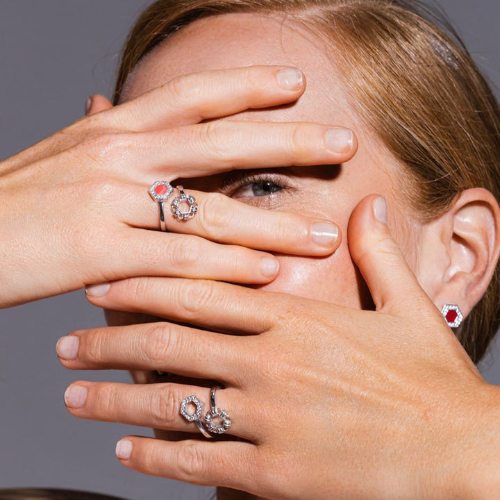 Deco Statement Ring in Silver With Coral & Pavé